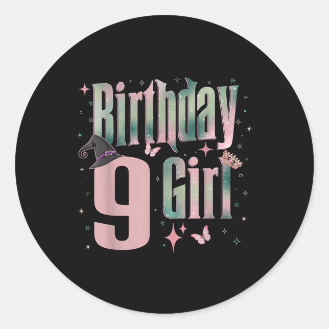 Sticker Rond 9 Anniversaire Sorcière rose et verte 9 Anniversai (Devant)