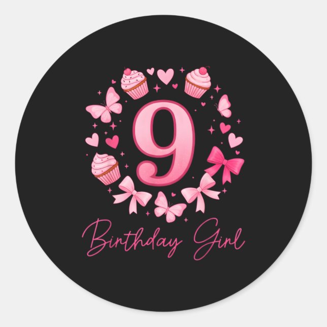 Sticker Rond 9th Birthday Girl Aesthetic Coquette Bow  (Devant)