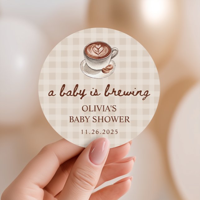 Sticker Rond A Baby is Brewing Gingham Coffee Baby Shower Favor (Créateur téléchargé)