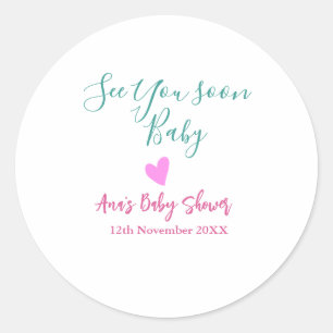 Sticker Rond à bientôt baby shower vert rose cœur tendance m