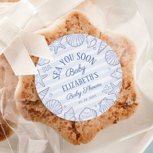 Sticker Rond À bientôt bébé, Baby Shower côtier coquillage