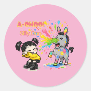 Sticker Rond A-CHOO! Âne idiot – Dessin animé d'âne qui éternue