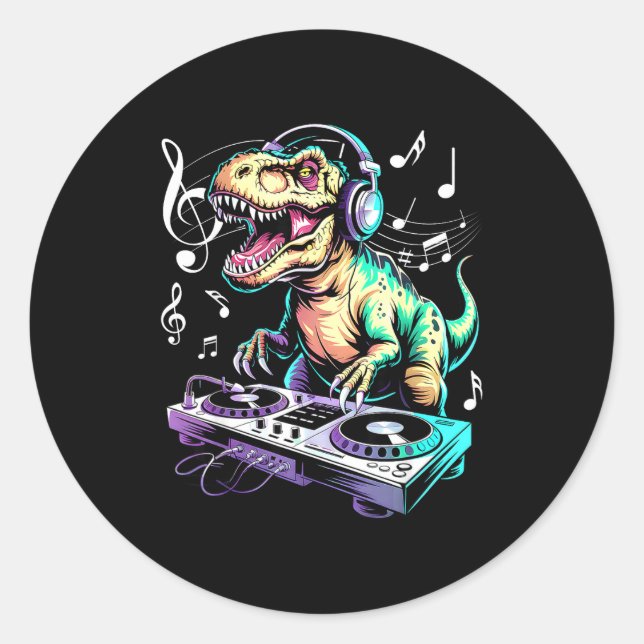 Sticker Rond A Cute T-rex Playing Electronic Music Funny Dj Din (Devant)