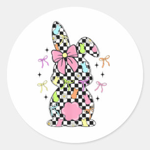 Sticker Rond à damiers Bunny Jour de Pâques Coquette Bows Pâque