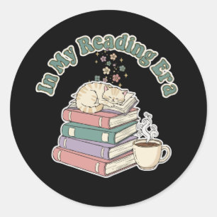 Sticker Rond À l'ère de ma lecture, chat mignon et confortable,