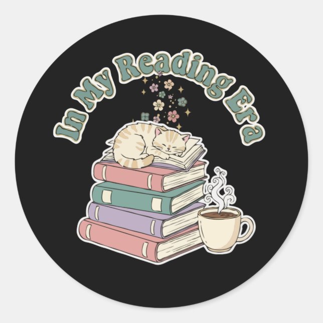 Sticker Rond À l'ère de ma lecture, chat mignon et confortable, (Devant)