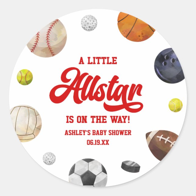 Sticker Rond A Little Allstar Is On The Way! Sports Baby Shower (Devant)