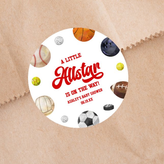 Sticker Rond A Little Allstar Is On The Way! Sports Baby Shower (Créateur téléchargé)