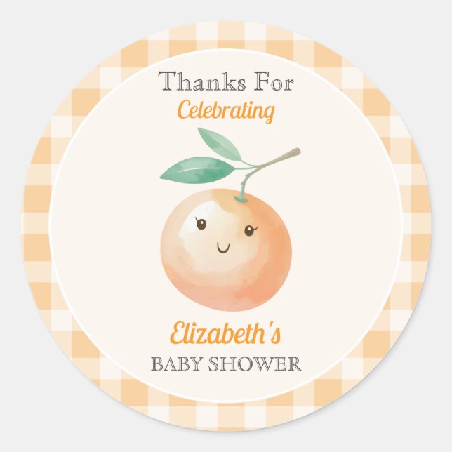 Sticker Rond A Little Cutie Orange Gingham Citrus Baby Shower (Devant)