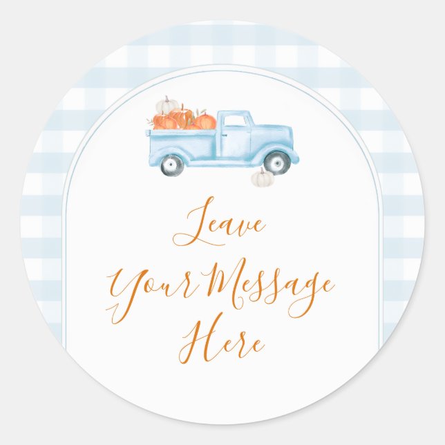 Sticker Rond A Little Pumpkin Blue Truck Gingham Your Message (Devant)