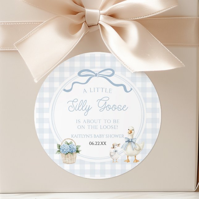 Sticker Rond A Little Silly Goose Blue Floral Bow Baby Shower (Créateur téléchargé)