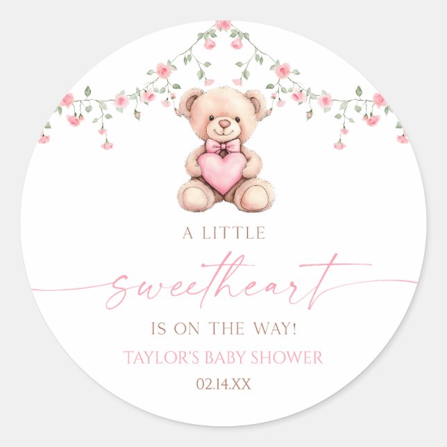 Sticker Rond A Little Sweetheart Pink Teddy Bear Baby Shower (Devant)