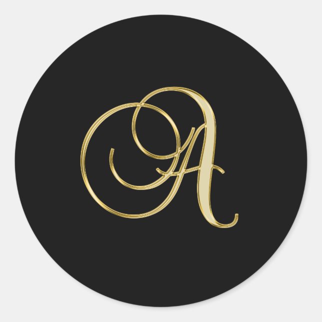 Sticker Rond "A" Monogramme initial en or sur noir. (Devant)