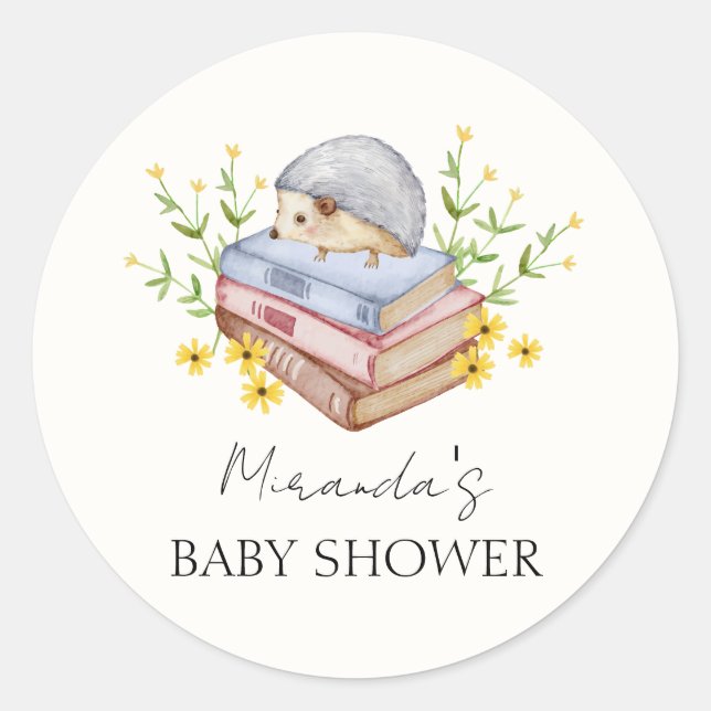 Sticker Rond A New Chapter Begins Floral Hedgehog Baby Shower  (Devant)