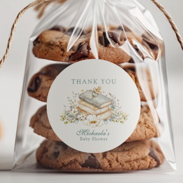 Sticker Rond A New Chapter Begins Rustic Book Theme Baby Shower (Créateur téléchargé)