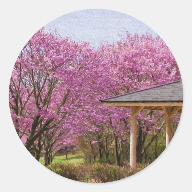 Sticker Rond a row of cherry blossom trees and hut (Devant)