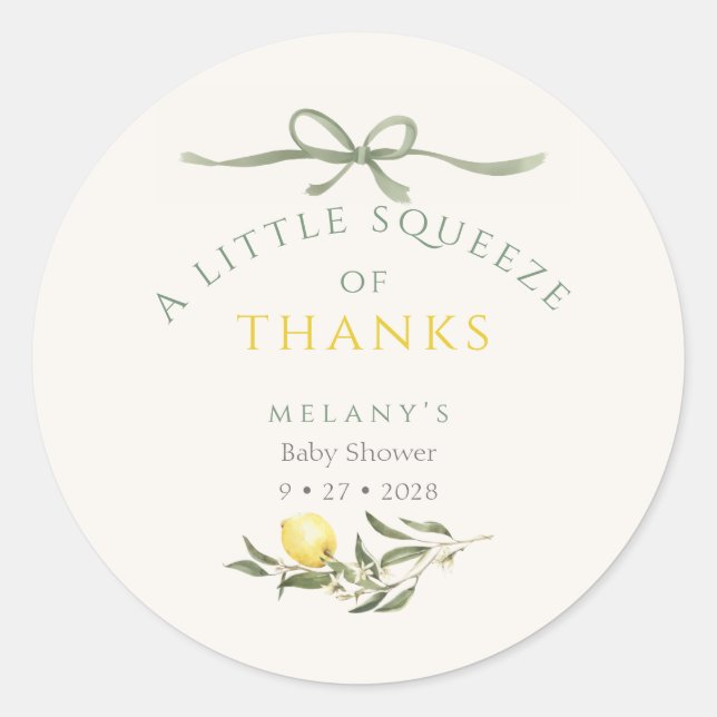 Sticker Rond A Squeeze of Thanks Lemon Citrus Baby Shower (Devant)