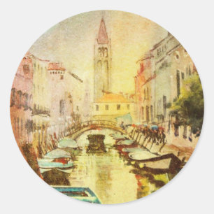 Sticker Rond A View Of The Canal With Boats And Buildings