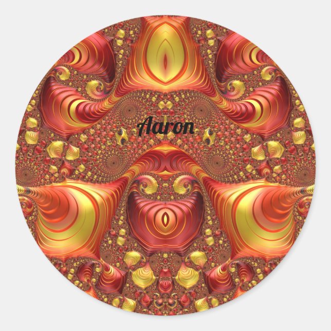 Sticker Rond AARON ~ Rouge Brun Jaune Dessin Fractal ~  (Devant)