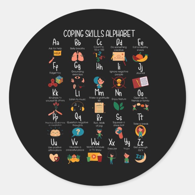 Sticker Rond Abc Compétences d'adaptation Alphabet Autosoins Sa (Devant)