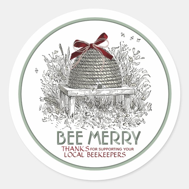 Sticker Rond Abee Merry Holiday Skep au miel avec Stick Bow rou (Devant)