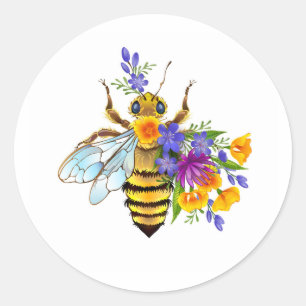 Sticker Rond Abeille à fleurs avec plantes sauvages