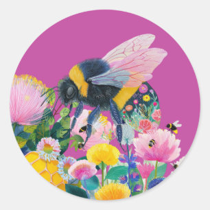 Sticker Rond Abeille à miel colorée fantaisiste Fleur sauvage
