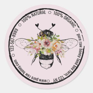 Sticker Rond Abeille de miel de rucher floral de coeurs biologi