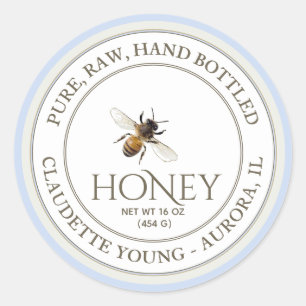 Sticker Rond Abeille de miel et fleurs bleues Miel Blanc et ble