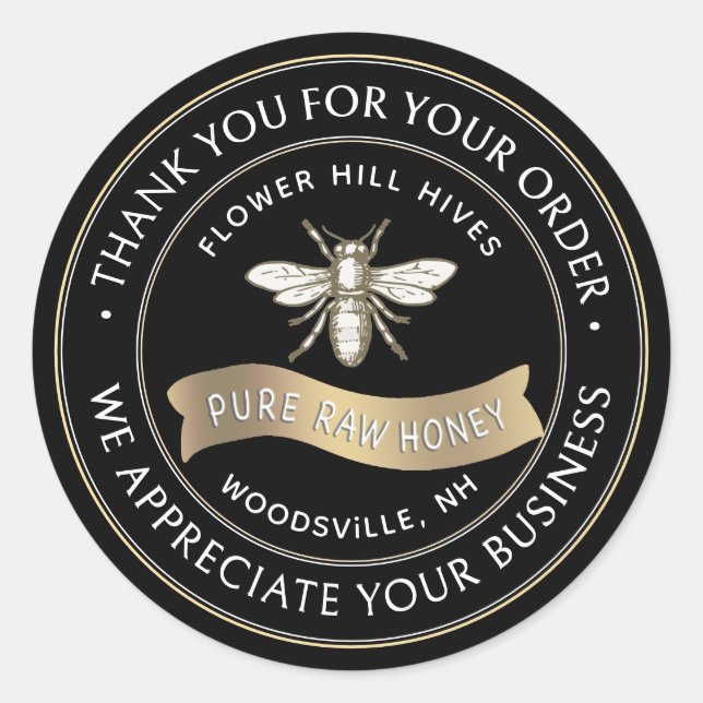 Sticker Rond Abeille française avec bannière or Merci apiculteu (Devant)