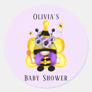 Sticker Rond Abeille Gnome Baby shower jaune pourpre