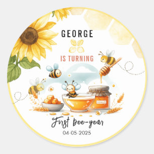 Sticker Rond Abeille jaune mignonne et tournesol 1er Anniversai