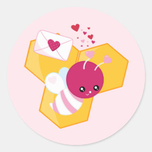 Sticker Rond Abeille mignonne aux Coeurs de Saint-Valentin rose