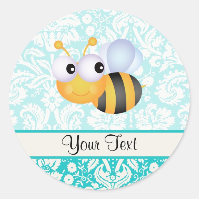Sticker Rond Abeille mignonne ; modèle Damas Turquoise (Devant)