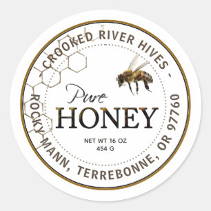 Sticker Rond Abeille réaliste de miel pur avec Motif de nid d'a