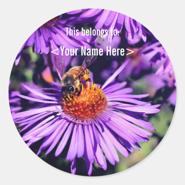 Sticker Rond Abeille sur l'Aster violet Fleur personnalisée ID (Devant)