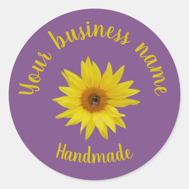 Sticker Rond Abeille sur le tournesol jaune violet script fait  (Devant)