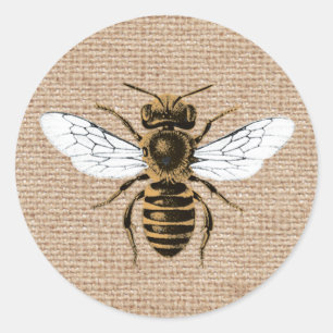 Sticker Rond Abeille vintage sur toile de jute