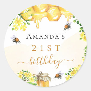 Sticker Rond Abeilles à bosse d'anniversaire miel fleurs jaunes