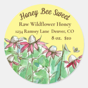 Sticker Rond Abeilles à fleurs roses Miel à vendre