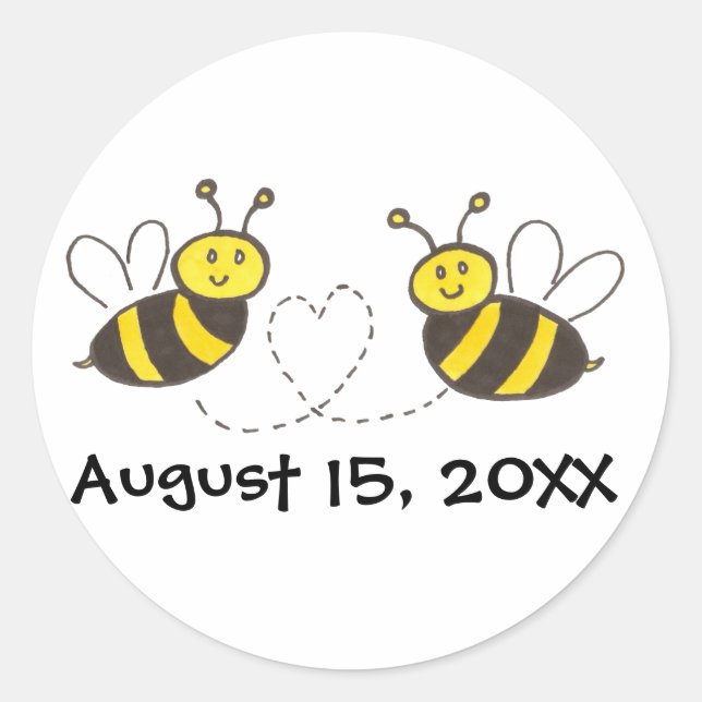 Sticker Rond Abeilles de miel avec coeur avec date personnalisa (Devant)