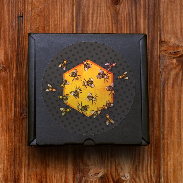Sticker Rond Abeilles de miel avec dessin d'hexagone jaune oran (Créateur téléchargé)