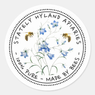 Sticker Rond Abeilles et Bluebells Vintage Miel Jar Lid Étiquet