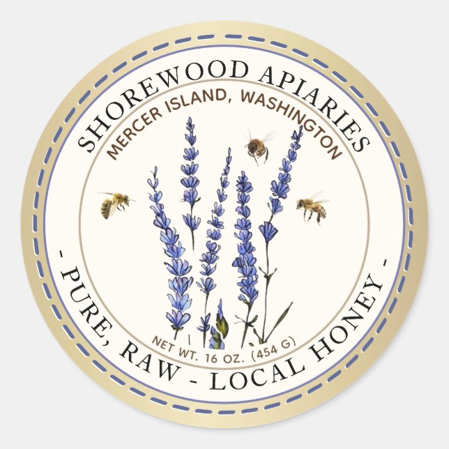 Sticker Rond Abeilles et lavande Miel ivoire Or métallique (Devant)