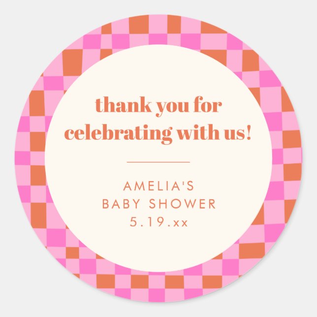 Sticker Rond Abstract Checker Pink Custom Baby Shower Thank (Devant)