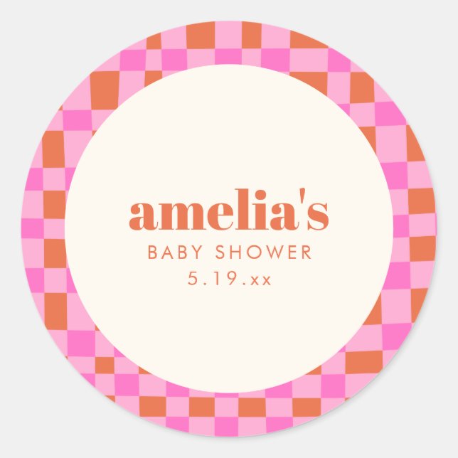 Sticker Rond Abstract Checker Pink Orange Custom Baby Shower (Devant)