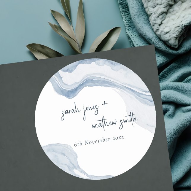 Sticker Rond Abstrait Blue Coastal Beach Watercolor Mariage (Créateur téléchargé)