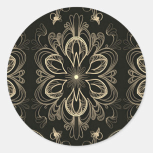 Sticker Rond Abstrait Floral Noir Et Or