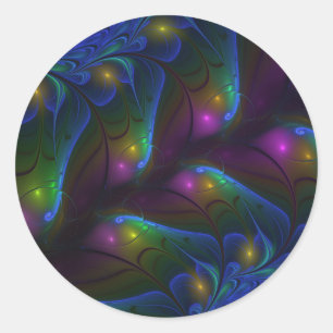 Sticker Rond Abstrait Moderne Trippy Fractal Lumineux Coloré
