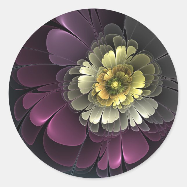 Sticker Rond Abstrait Purpur moderne Khaki Gris Fleur fractale  (Devant)